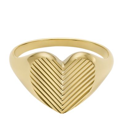Harlow Linear Texture Heart Gold-Tone Stainless Steel Signet Ring -  JF04655710007 - Fossil