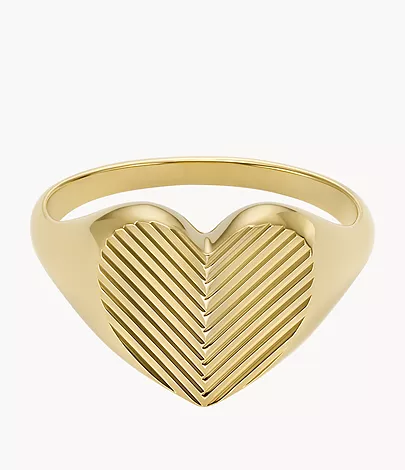 Harlow Linear Texture Heart Gold-Tone Stainless Steel Signet Ring -  JF04655710007 - Fossil