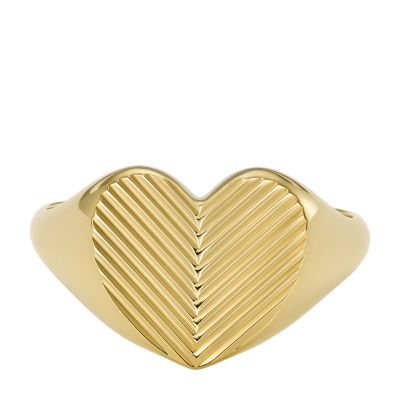 Harlow Linear Texture Heart Gold-Tone Stainless Steel Signet Ring -  JF04655710007 - Fossil