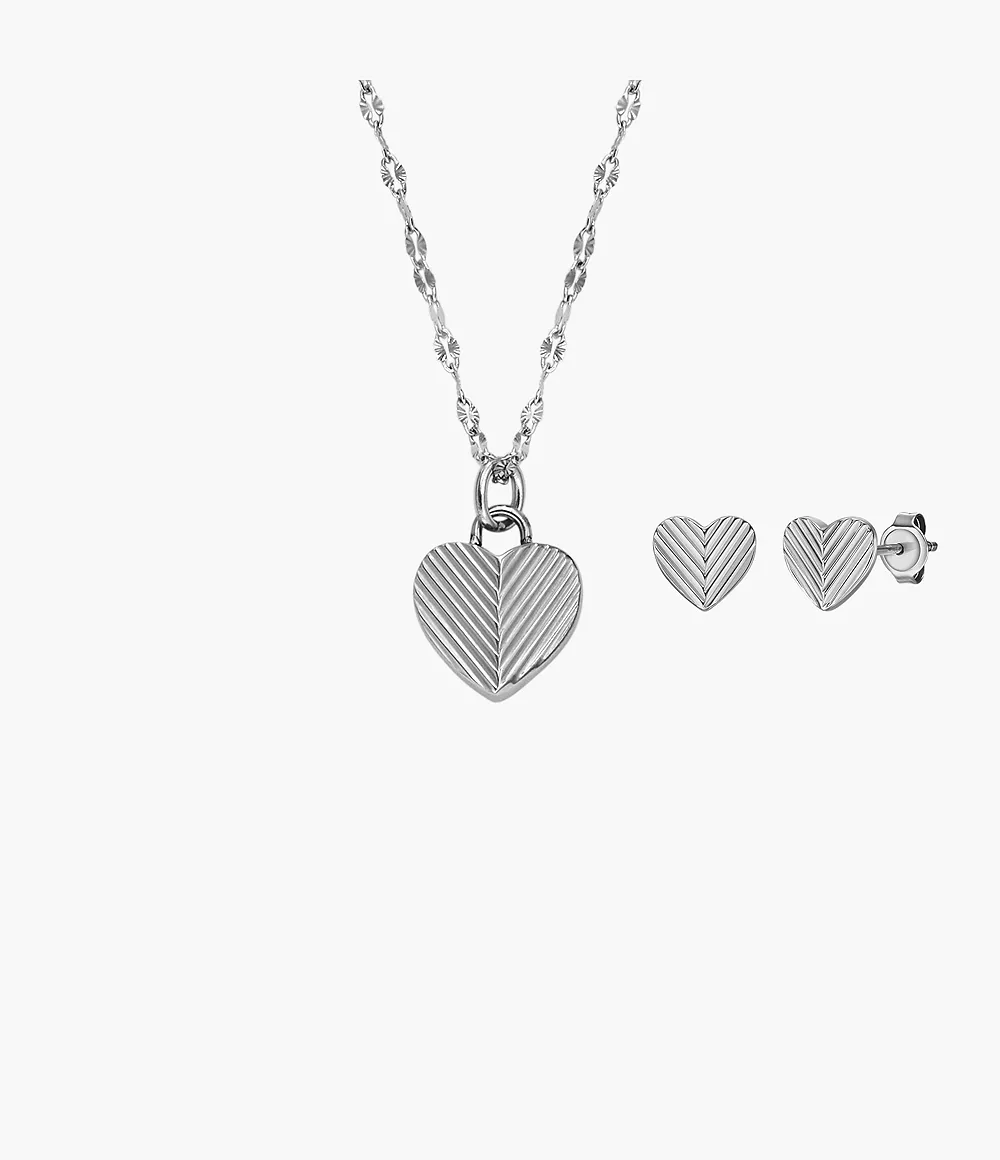 fossil coffret collier pendentif et boucles d'oreilles harlow heart to heart en acier inoxydable - argenté