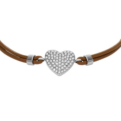 Sadie Glitz Heart Brown Leather Strap Bracelet