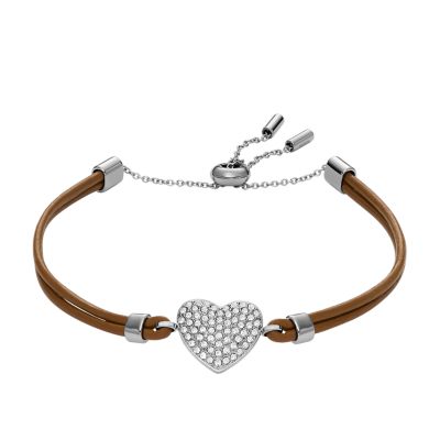 Sadie Glitz Heart Brown Leather Strap Bracelet