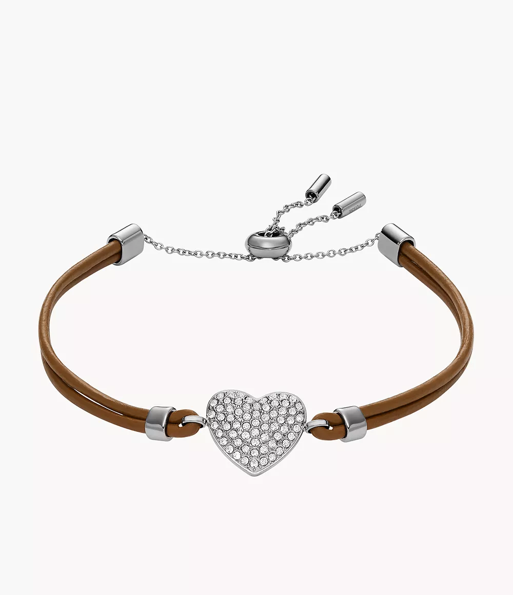 Sadie Glitz Heart Brown Leather Strap Bracelet
