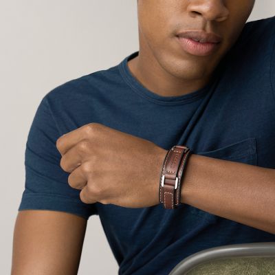 Machine Rugged Stainless Steel and Brown Padded Leather Strap Bracelet