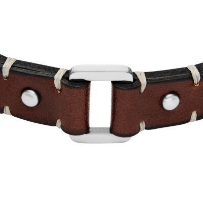 Machine Rugged Stainless Steel and Leather Strap Bracelet