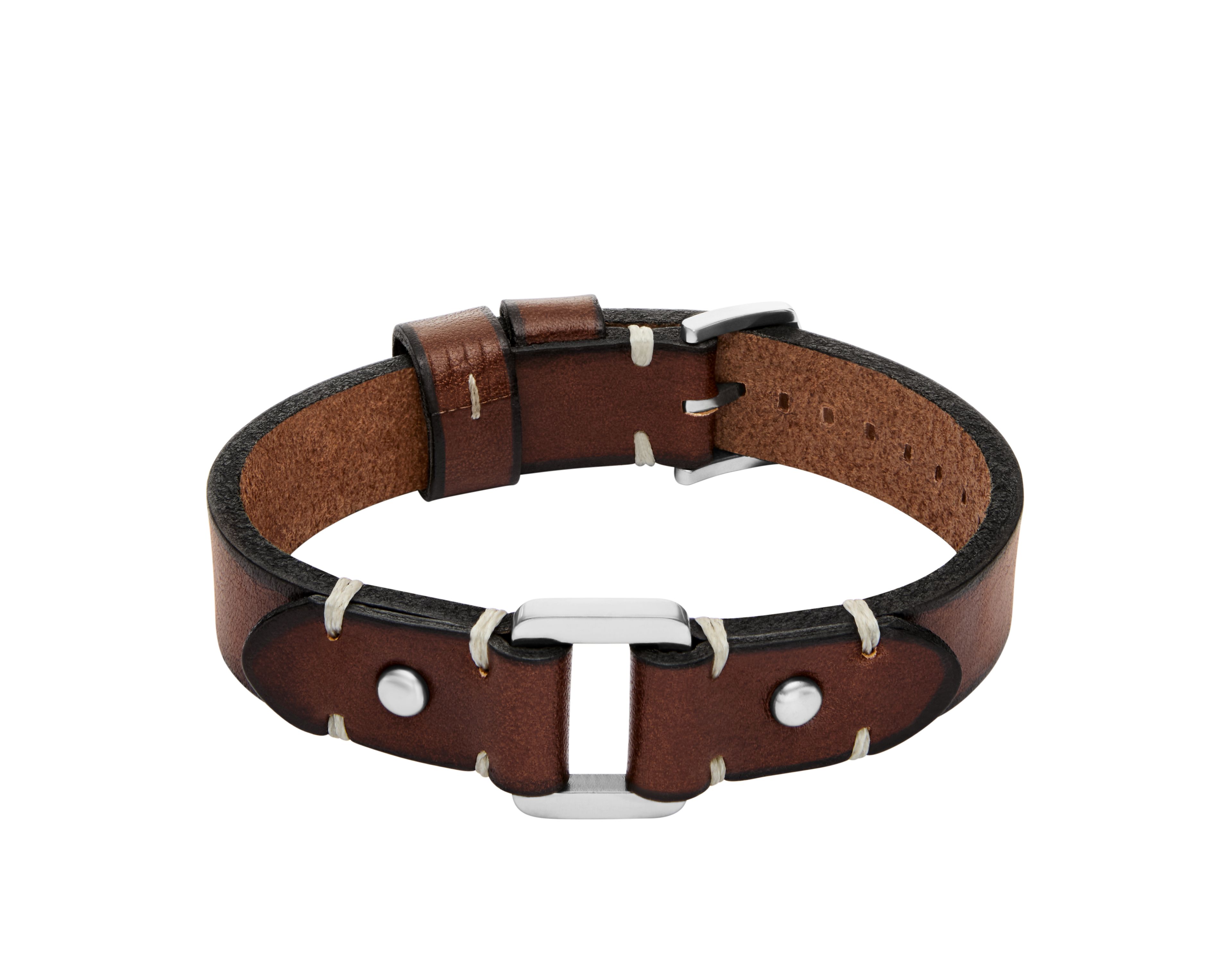 Machine Rugged Stainless Steel and Brown Leather Strap Bracelet