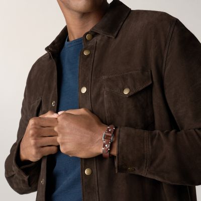 Machine Rugged Stainless Steel and Leather Strap Bracelet