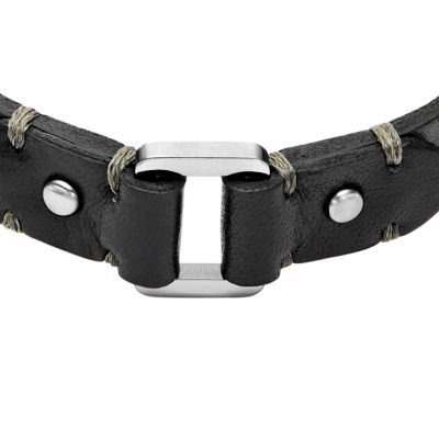 Machine Rugged Stainless Steel and Black Leather Strap Bracelet