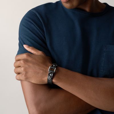 Machine Rugged Stainless Steel and Black Leather Strap Bracelet
