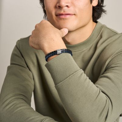 Woven Blue and Black Leather Bracelet