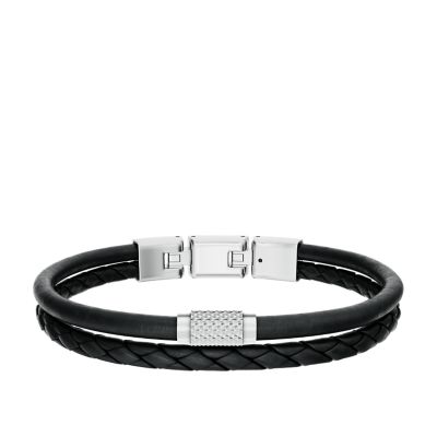 Machine Knurled Texture Black Leather Multi-Strand Bracelet
