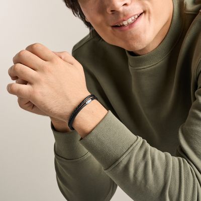 Machine Knurled Texture Black Leather Multi-Strand Bracelet