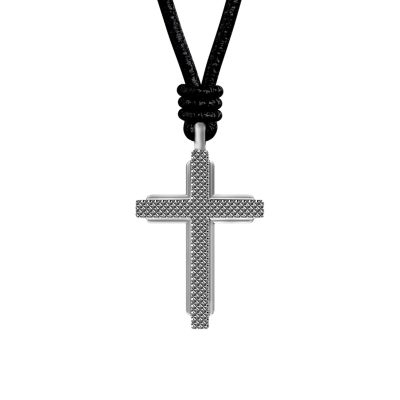 Machine Black Leather Cross Pendant Necklace