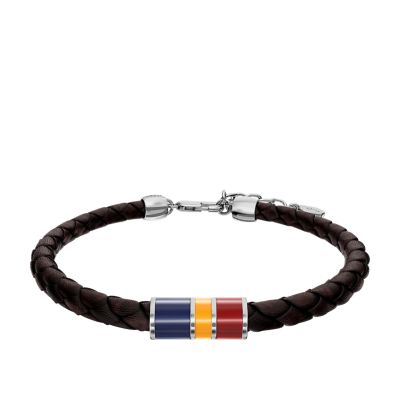 Everett Enamel Brown Leather Station Bracelet