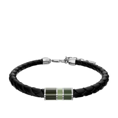 Everett Enamel Black Leather Station Bracelet