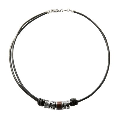 Collier en cuir noir avec perles en acier inoxydable JF84068040