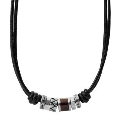 Collier en cuir noir avec perles en acier inoxydable