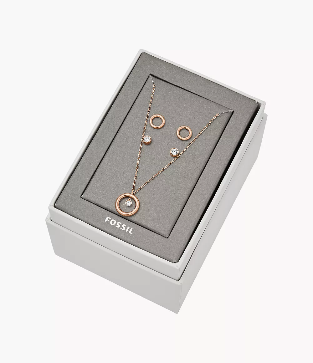 Fossil Women Rose Gold-Tone Steel Studs and Necklace Gift Set