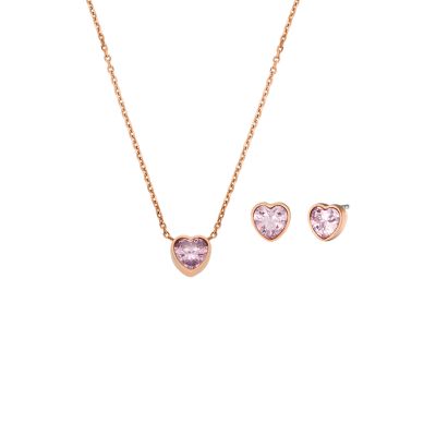 Rose Gold-Tone Stainless Gift - Necklace - Heart Set Earrings and Steel Fossil JGFTSET1054