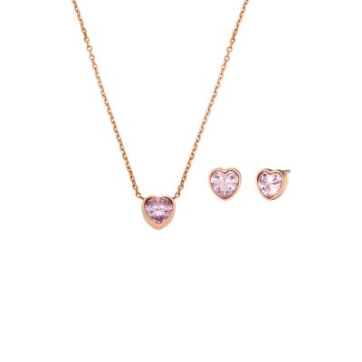 Fossil Earrings Heart Necklace Set Rose Stainless - Steel Gift and Gold-Tone - JGFTSET1054