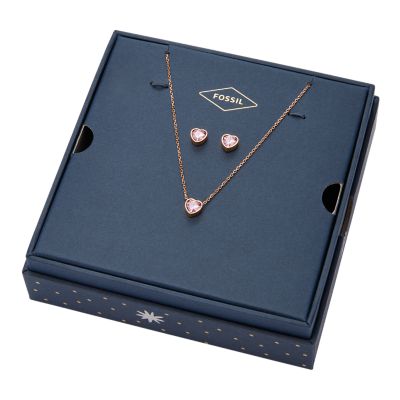 Rose Gold-Tone and Fossil Stainless - JGFTSET1054 Gift Necklace Steel - Set Heart Earrings