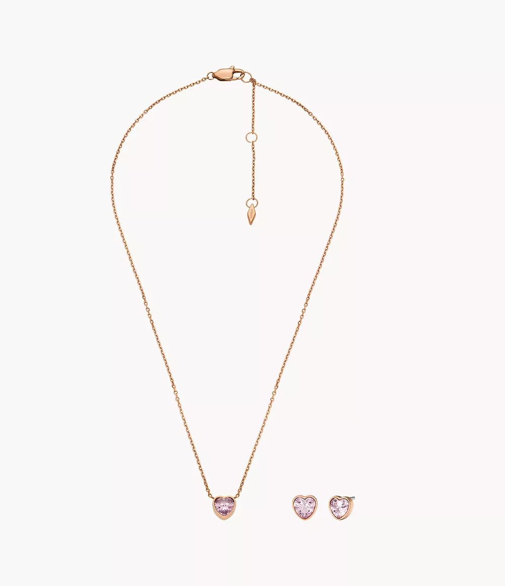 Fossil Women Rose Gold-Tone Stainless Steel Heart Necklace and Earrings Gift Set