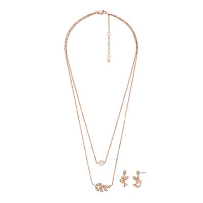 

Fossil Femmes Coffret cadeau boucles d’oreilles et collier en acier inoxydable doré rose