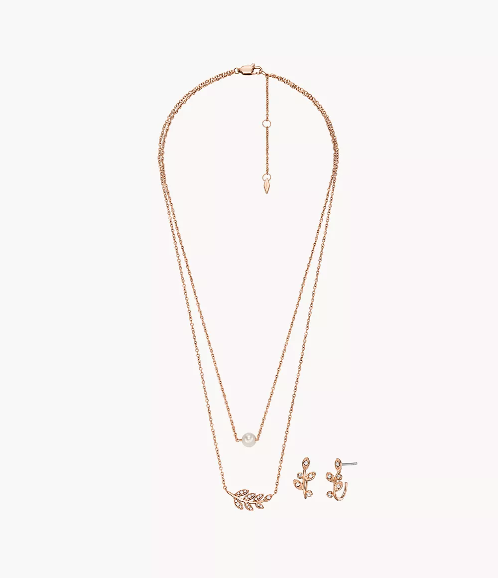 Fossil Women Rose Gold-Tone Stainless Steel Necklace and Earrings Gift Set