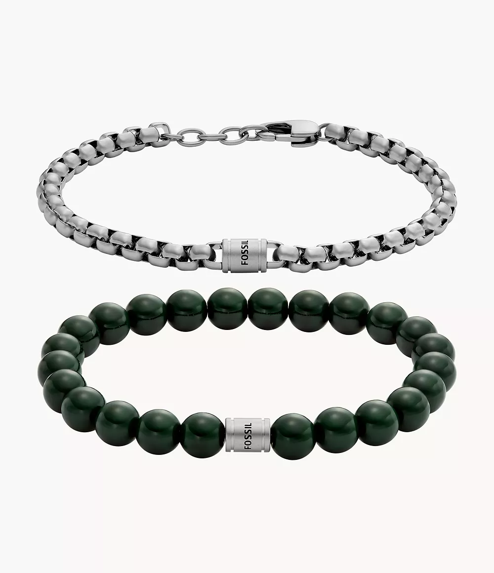 fossil outlet coffret bracelets de perles core en acier inoxydable et verre vert - argenté