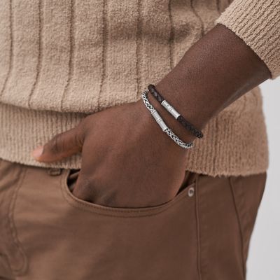 Core Brown Leather Cord and Stainless Steel Bracelet Set