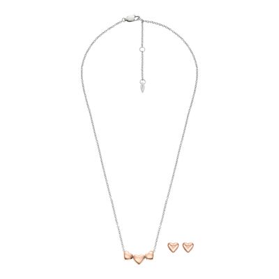 Heart Two-Tone Stainless Steel Necklace and Earrings Gift Set