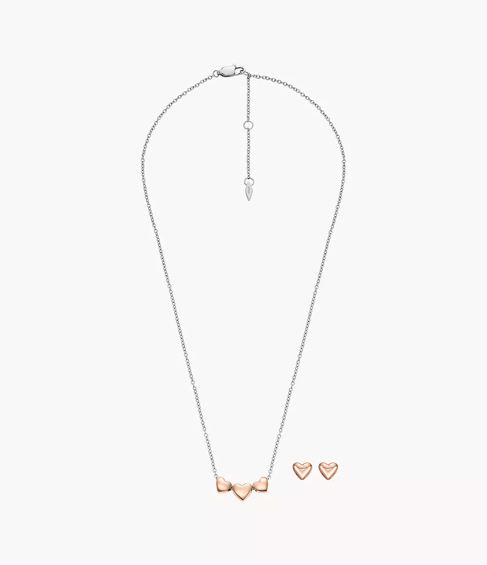 Heart Two-Tone Stainless Steel Necklace and Earrings Gift Set