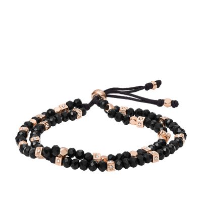 Fossil Outlet Women's Arm Party Black Glass Beaded Bracelet - Rose Gold