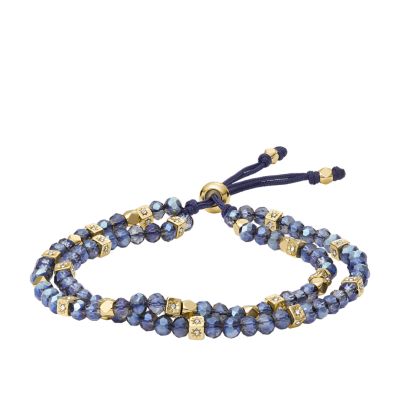 Fossil Outlet Women's Arm Party Smokey Blue Glass Beaded Bracelet - Gold
