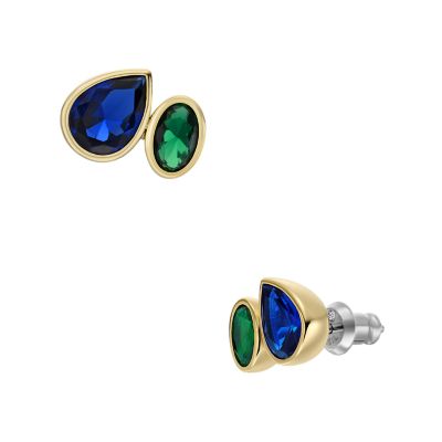 Ear Party Sapphire Blue and Emerald Green Crystal Toi Et Moi Stud Earrings