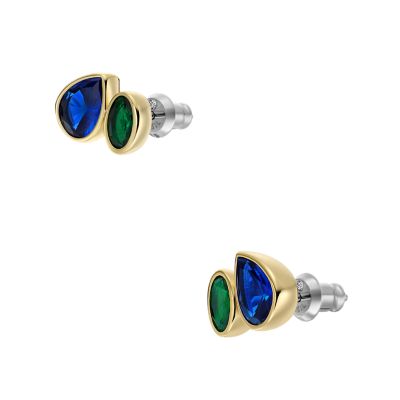 Ear Party Sapphire Blue and Emerald Green Crystal Toi Et Moi Stud Earrings