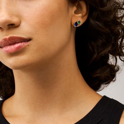 Ear Party Sapphire Blue and Emerald Green Crystal Toi Et Moi Stud Earrings