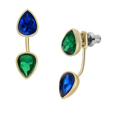 Ear Party Sapphire Blue and Emerald Green Crystal Front To Back Earrings