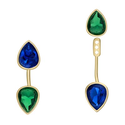 Ear Party Sapphire Blue and Emerald Green Crystal Front To Back Earrings