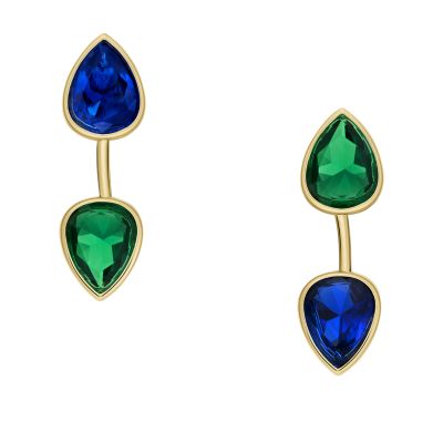 Ear Party Sapphire Blue and Emerald Green Crystal Front To Back Earrings