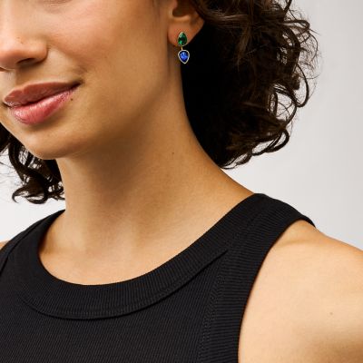 Ear Party Sapphire Blue and Emerald Green Crystal Front To Back Earrings