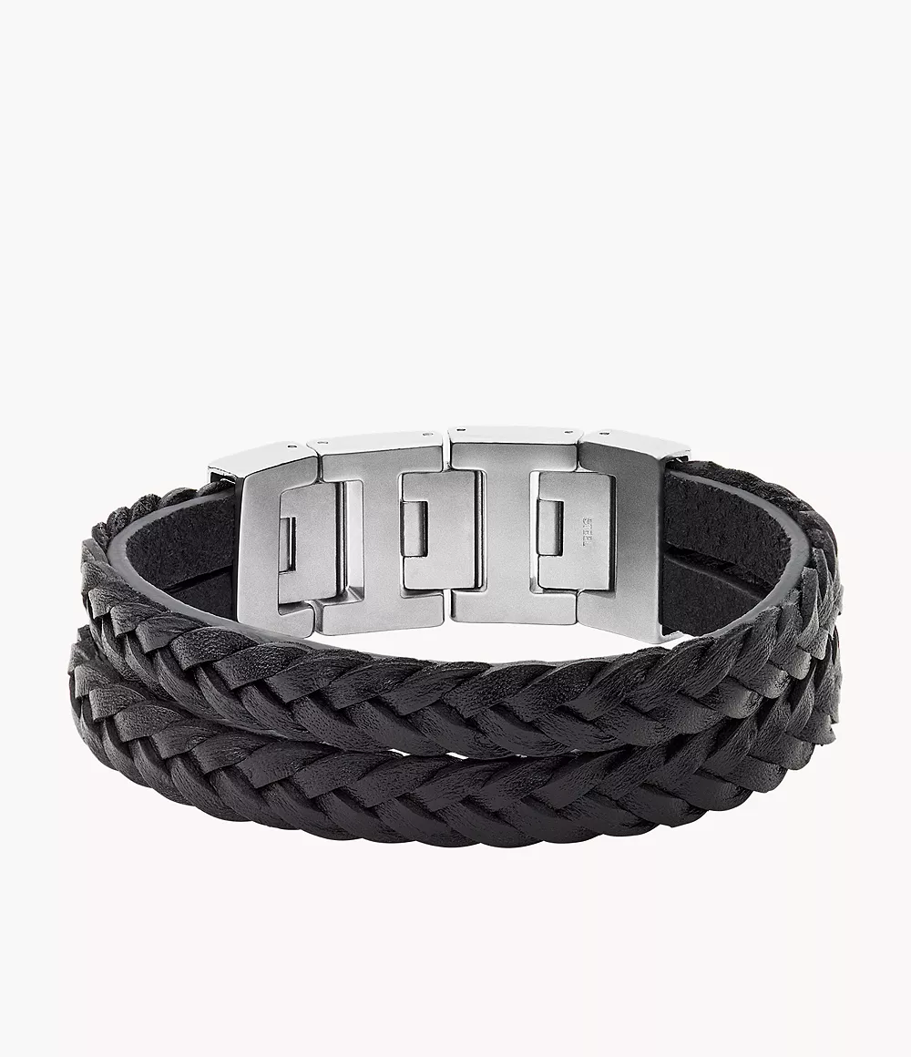 Fossil Men Black Leather Multi-Strand Bracelet