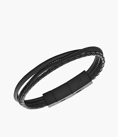 Five Strand Matte Black Leather bracelet with Stainless Steel Magnetic Clasp