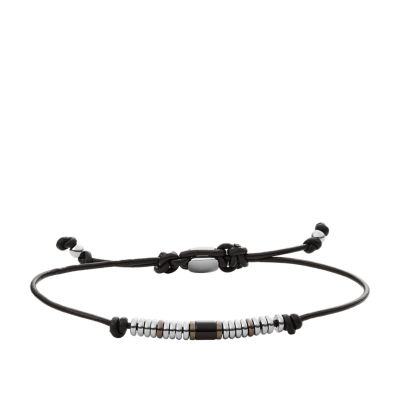 Fossil men's black agate beaded leather bracelet - silver-tone