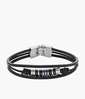 Stainless Steel and Black Leather Bracelet