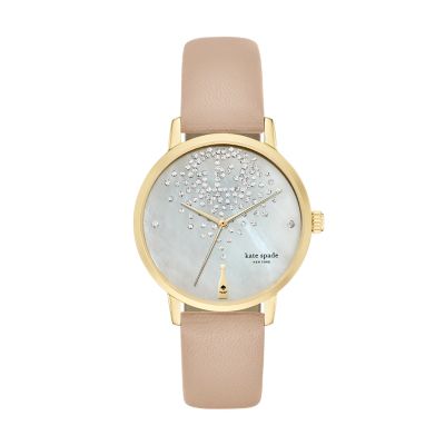 kate spade new york metro three-hand champagne white leather watch