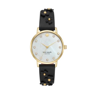 kate spade new york metro three-hand black leather watch - KSW1767