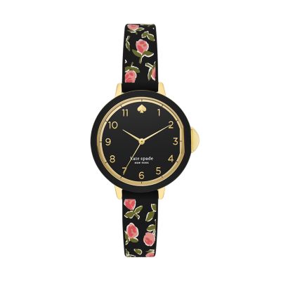 Kate Spade New York Park Row Three-Hand Black Ditsy Rose Silicone Watch