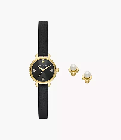 Kate Spade New York Morningside Three-Hand Black Leather Watch and Earring  Set - KSW1730SET - Watch Station