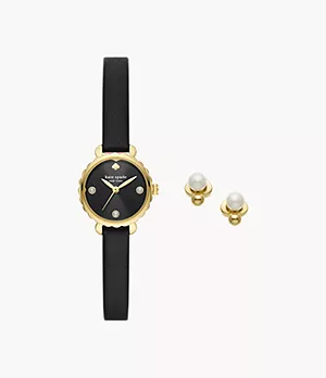 Kate Spade New York Morningside Three-Hand Black Leather Watch and Earring Set
